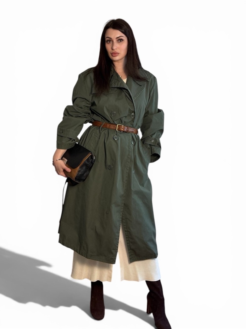 Vintage Military Trench Coat Army Green Belted 40L